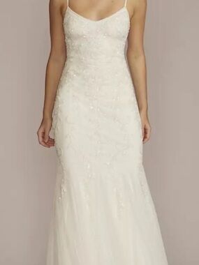 David's Bridal Ivory Beaded Spaghetti Strap Wedding Gown with storage bag